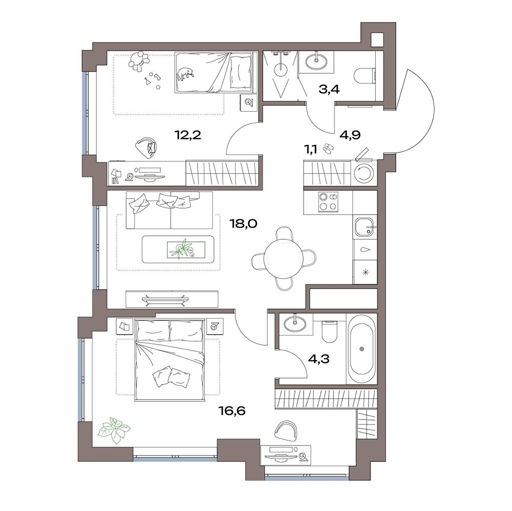 3-комнатная 60 м2 в ЖК Акценты корпус null этаж 10