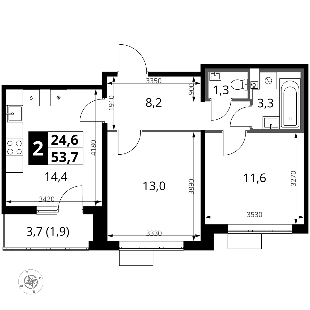 2-комнатная 53 м2 в ЖК 1-й Южный корпус null этаж 12