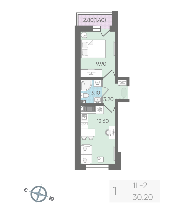 1-комнатная 30 м2 в ЖК Цветной город корпус null этаж 22