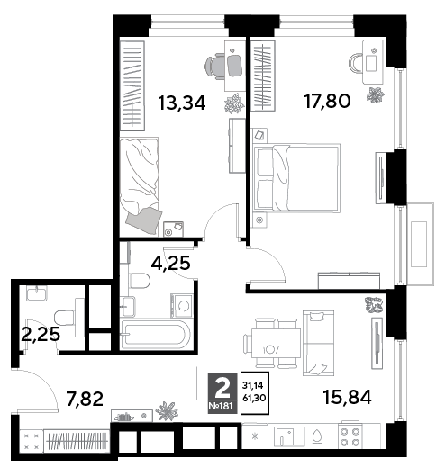 2-комнатная 61 м2 в ЖК EVO корпус null этаж 17