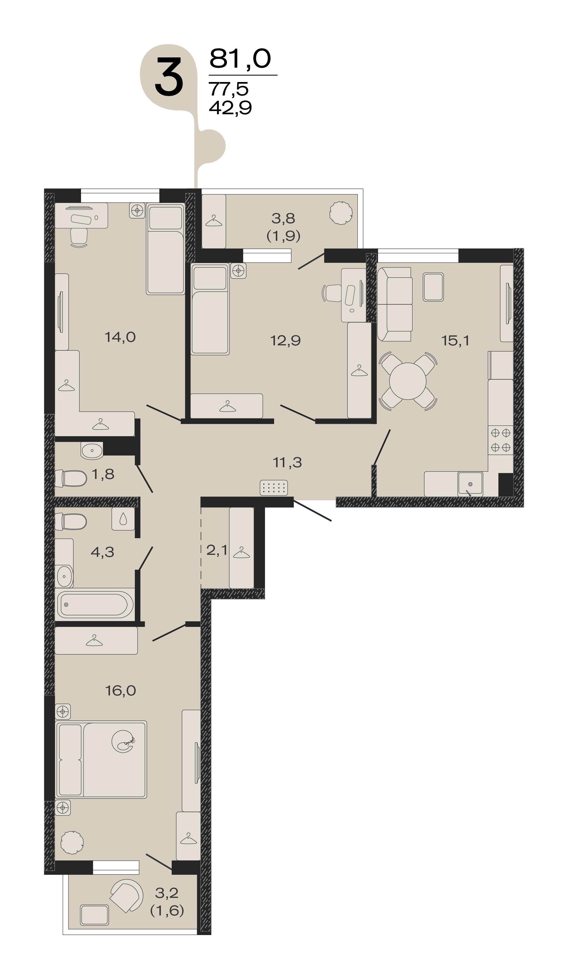 3-комнатная 81 м2 в ЖК ЭВО корпус null этаж 4