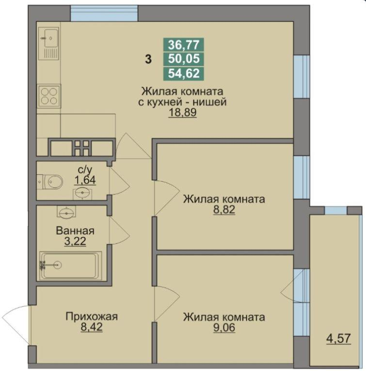 2-комнатная 54.6 м2 в ЖК undefined корпус null этаж 7