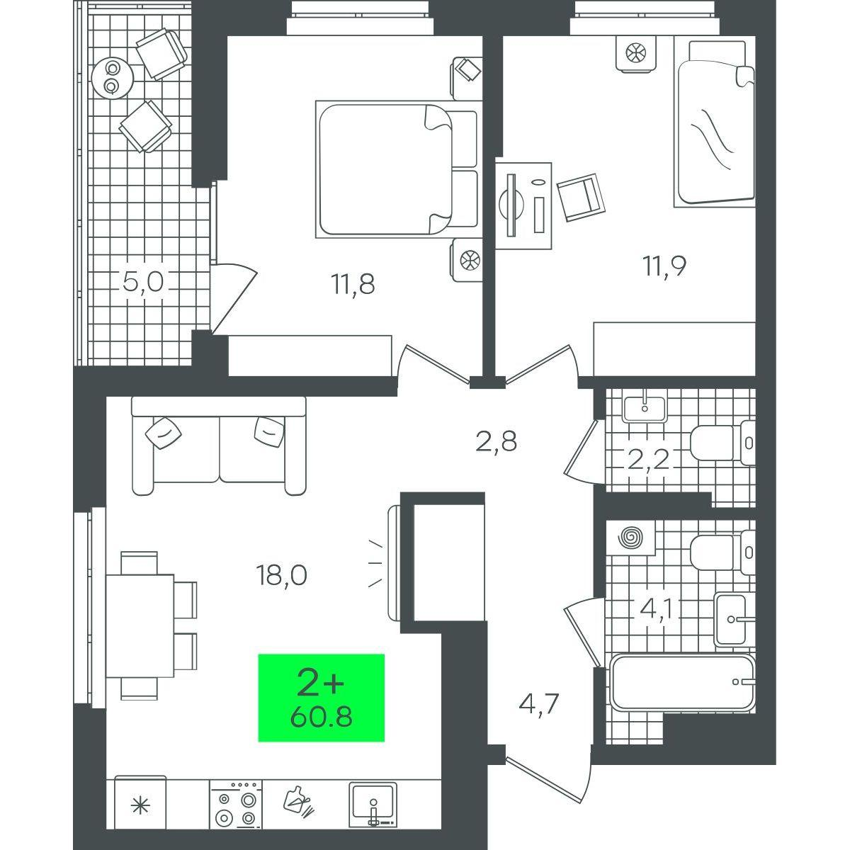 2-комнатная 60 м2 в ЖК Гранд Квартал корпус null этаж 13
