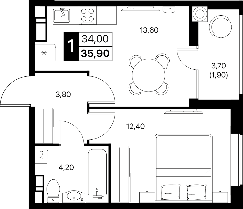 1-комнатная 35 м2 в ЖК Эстет корпус null этаж 12