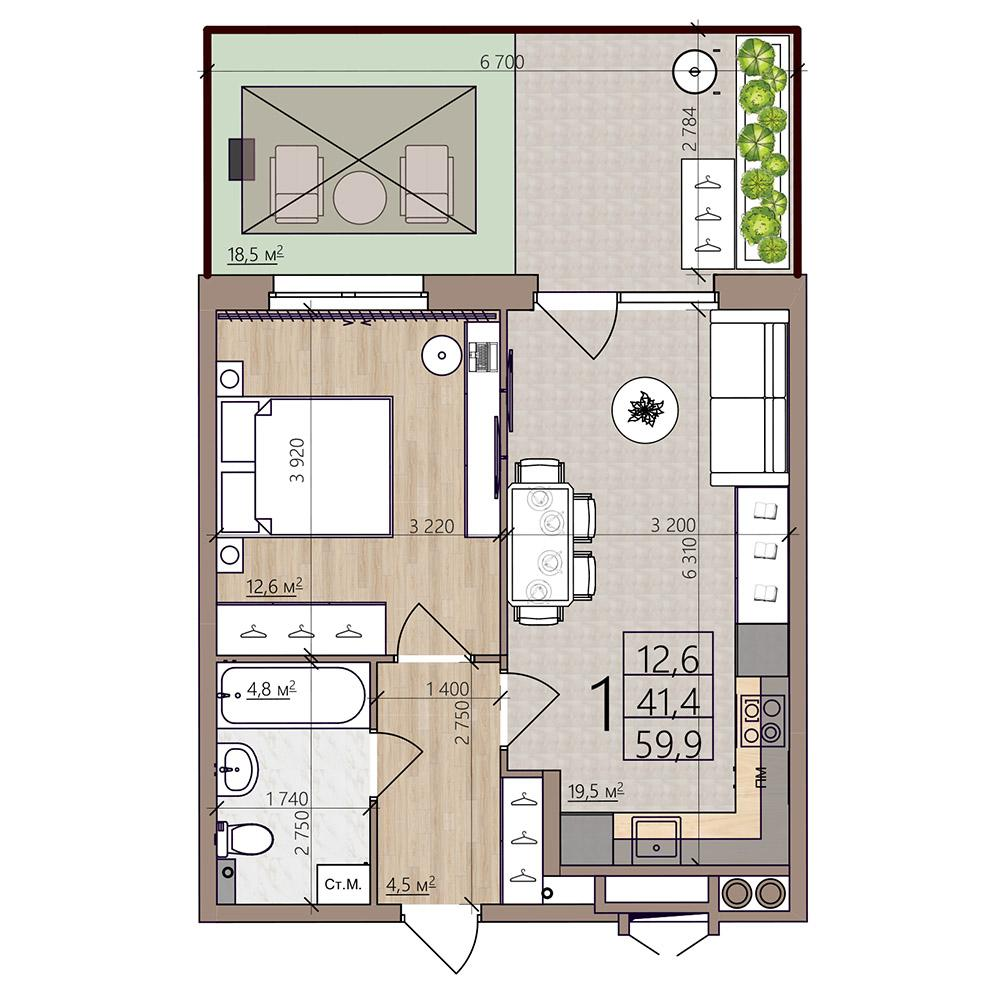 1-комнатная 59 м2 в ЖК Окская стрелка корпус null этаж 1