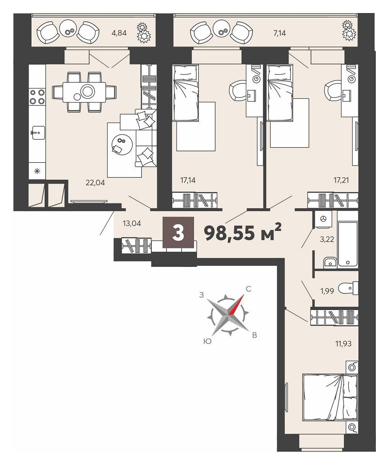 3-комнатная 98 м2 в ЖК 8 марта корпус null этаж 9