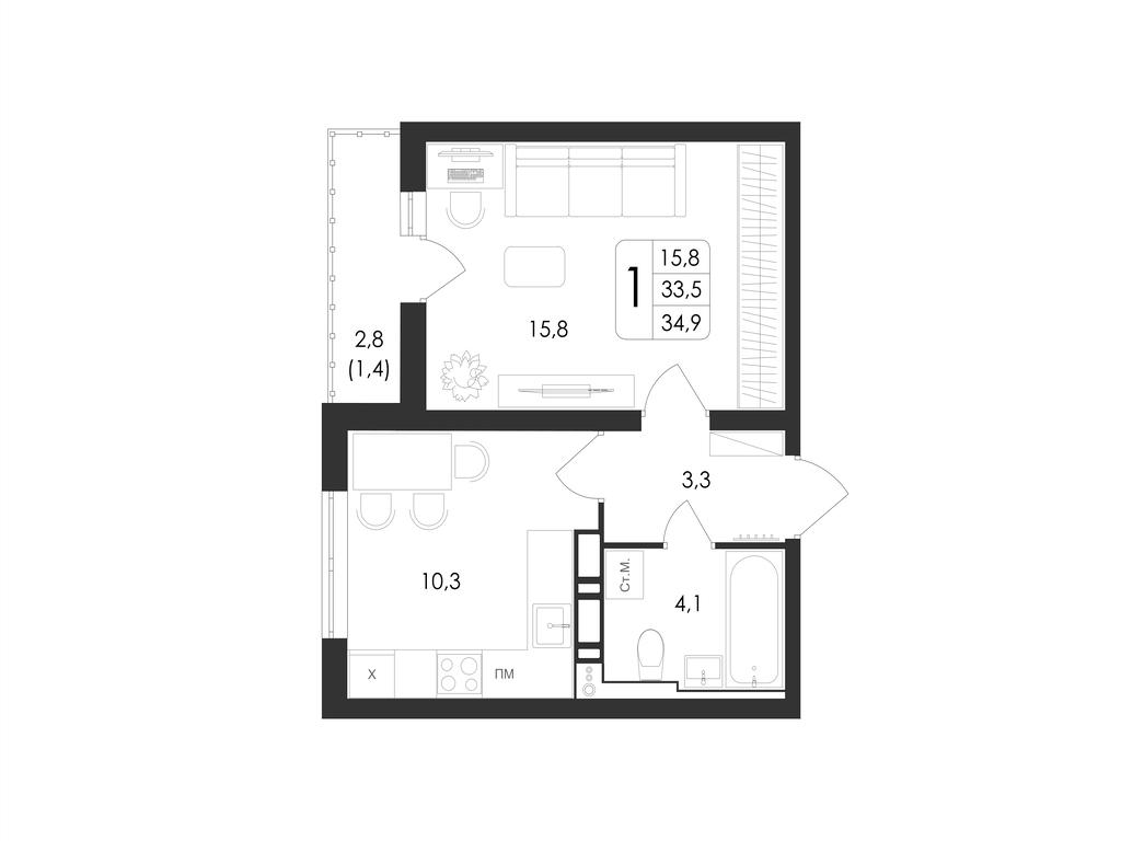 1-комнатная 34 м2 в ЖК Май корпус null этаж 7