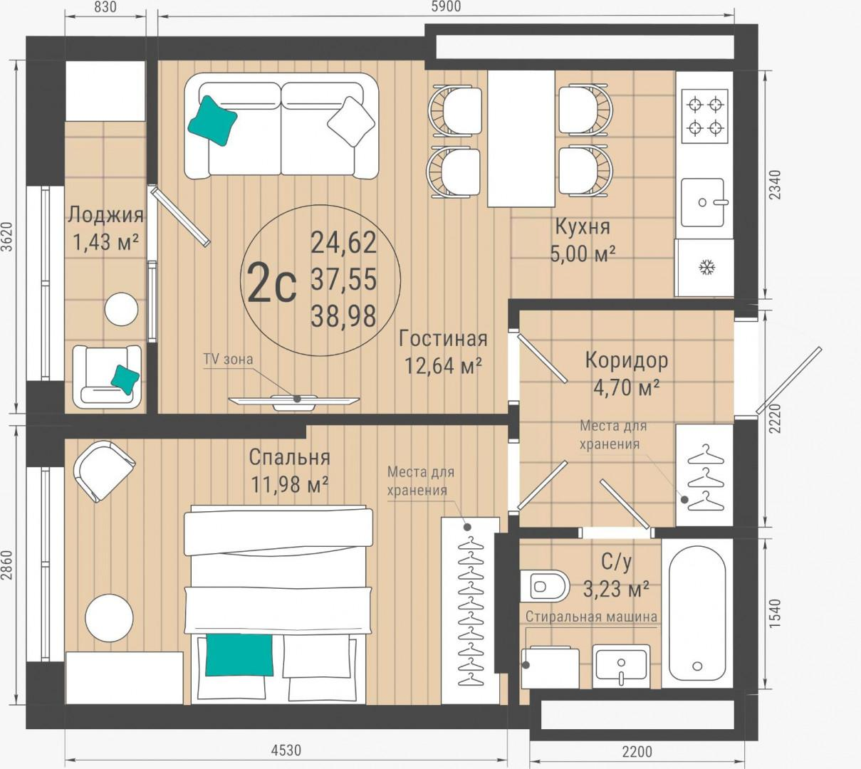 2-комнатная 39 м2 в ЖК undefined корпус null этаж 6