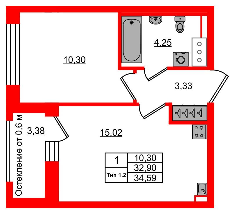 1-комнатная 32 м2 в ЖК Setl Ривьера корпус null этаж 4