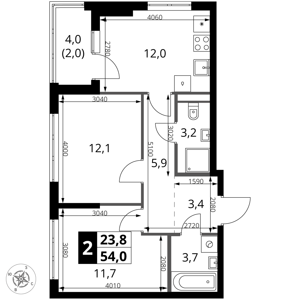 2-комнатная 54 м2 в ЖК 1-й Ясеневский корпус null этаж 14