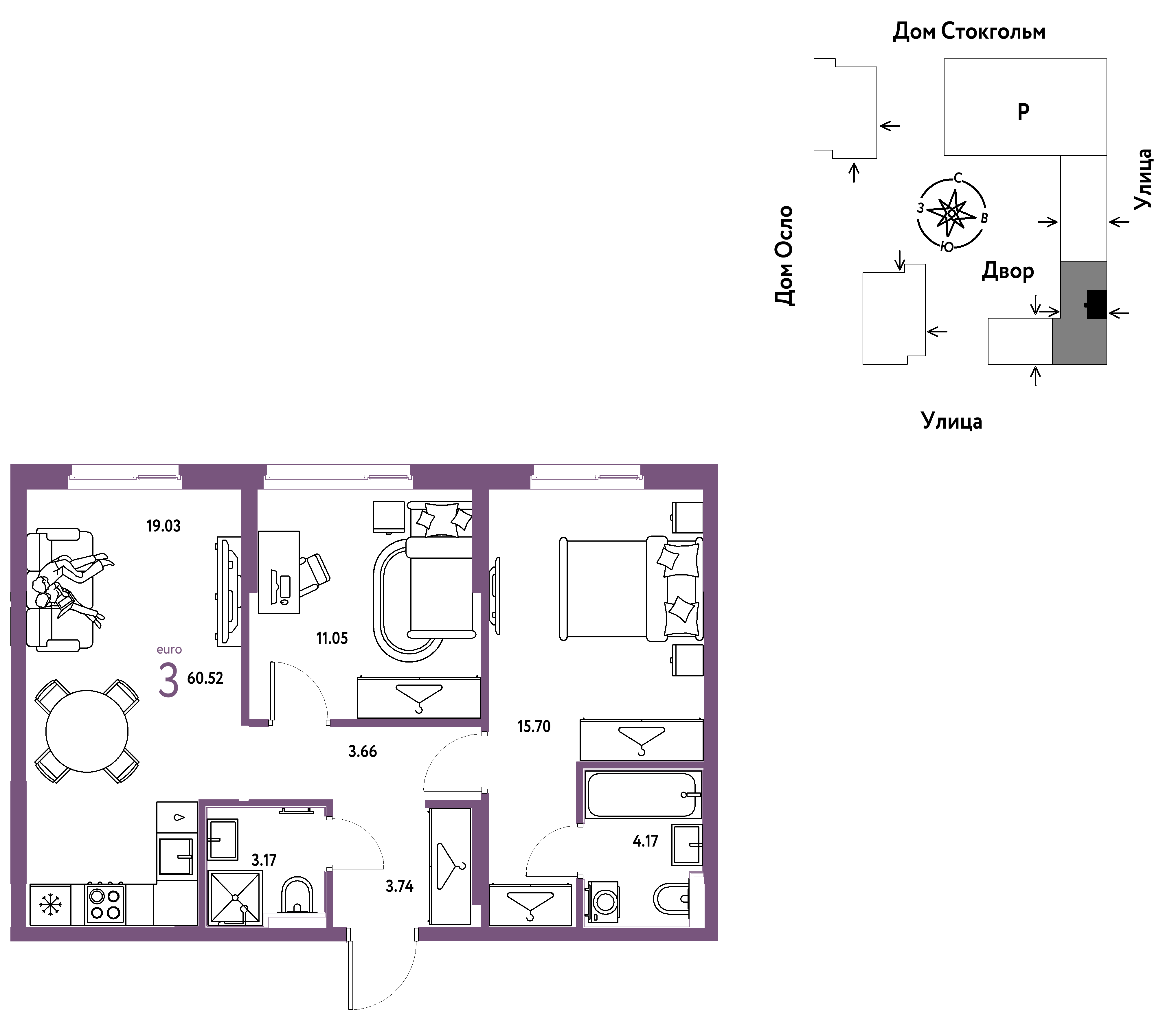 3-комнатная 60 м2 в ЖК Европейский берег 2.0 корпус null этаж 9
