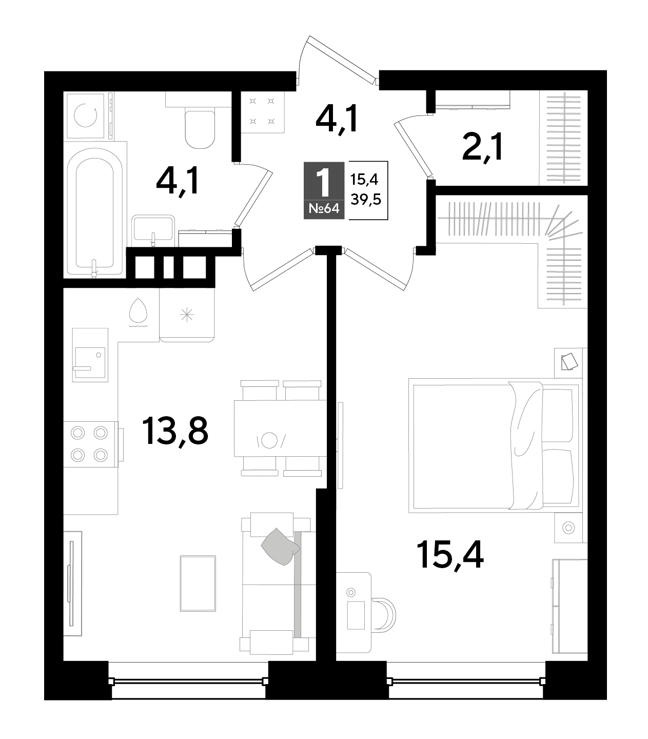1-комнатная 39 м2 в ЖК Догма Парк корпус null этаж 9