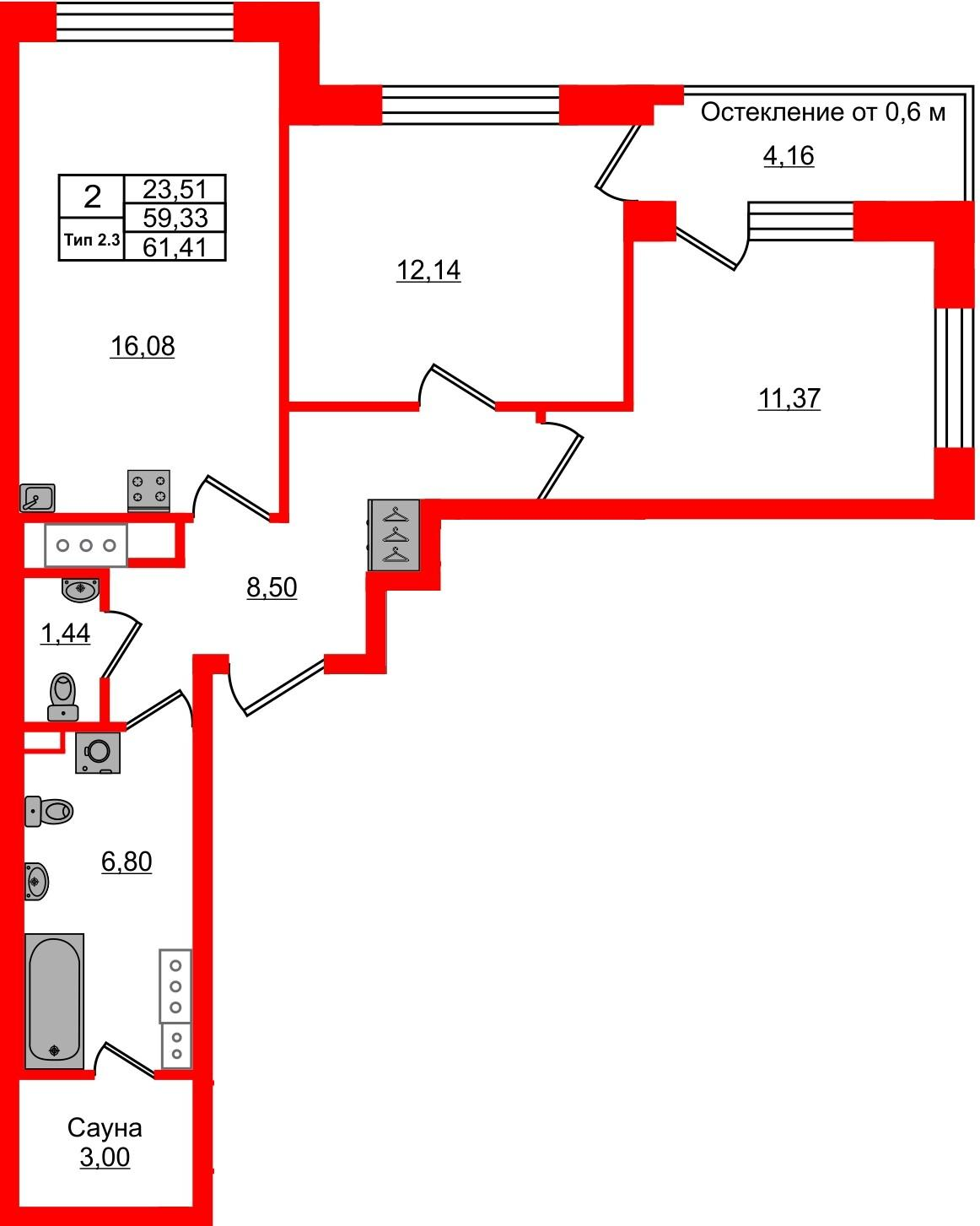 2-комнатная 59 м2 в ЖК Setl Ривьера корпус null этаж 8