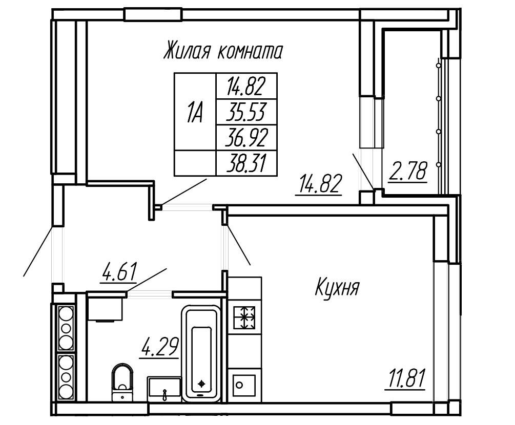 1-комнатная 36.9 м2 в ЖК undefined корпус null этаж 9