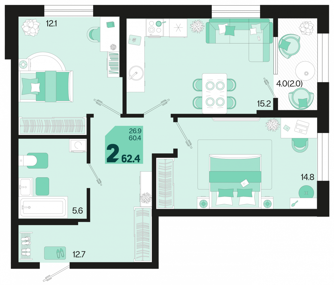 2-комнатная 62.4 м2 в ЖК undefined корпус null этаж 2