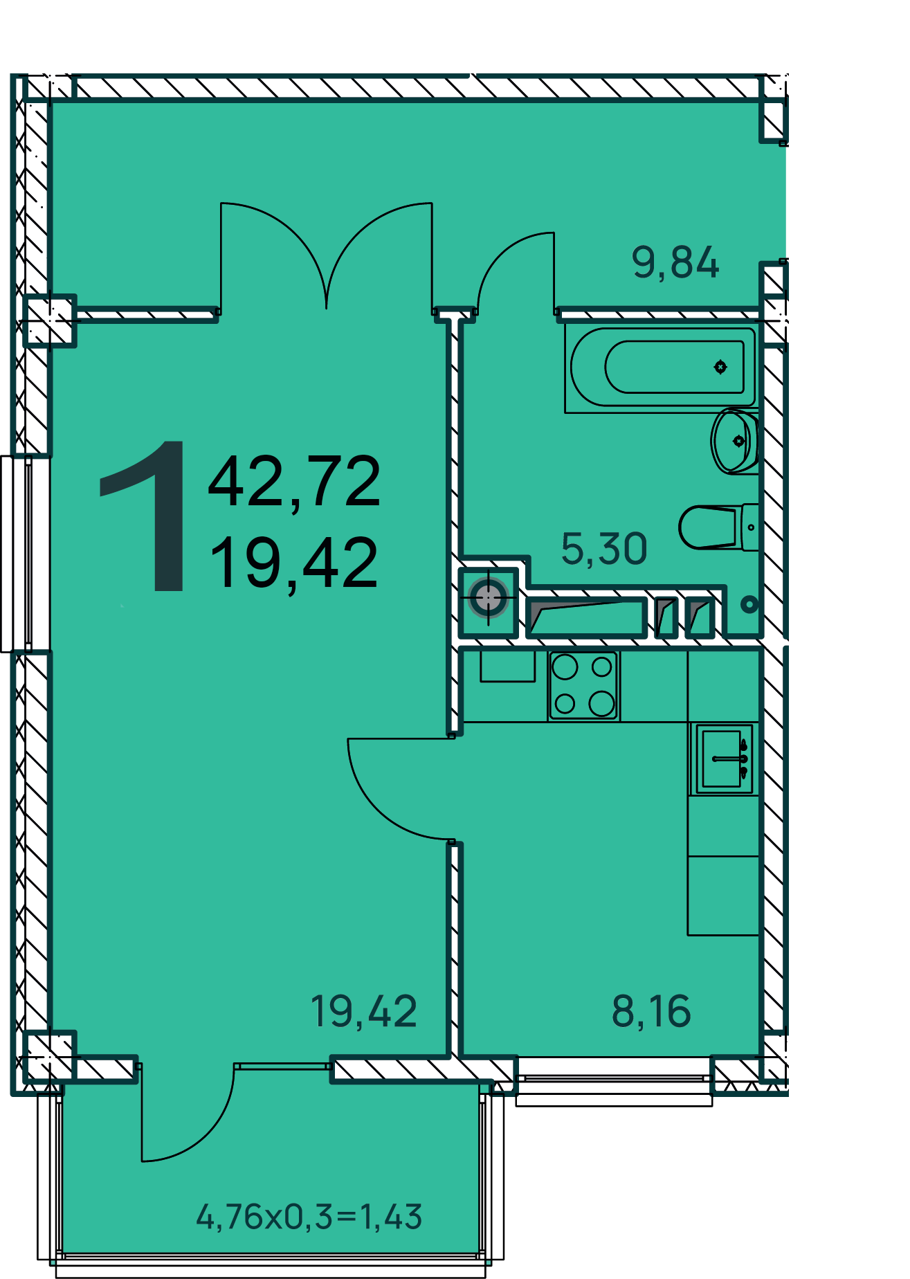 1-комнатная 42 м2 в ЖК Две реки корпус null этаж 5