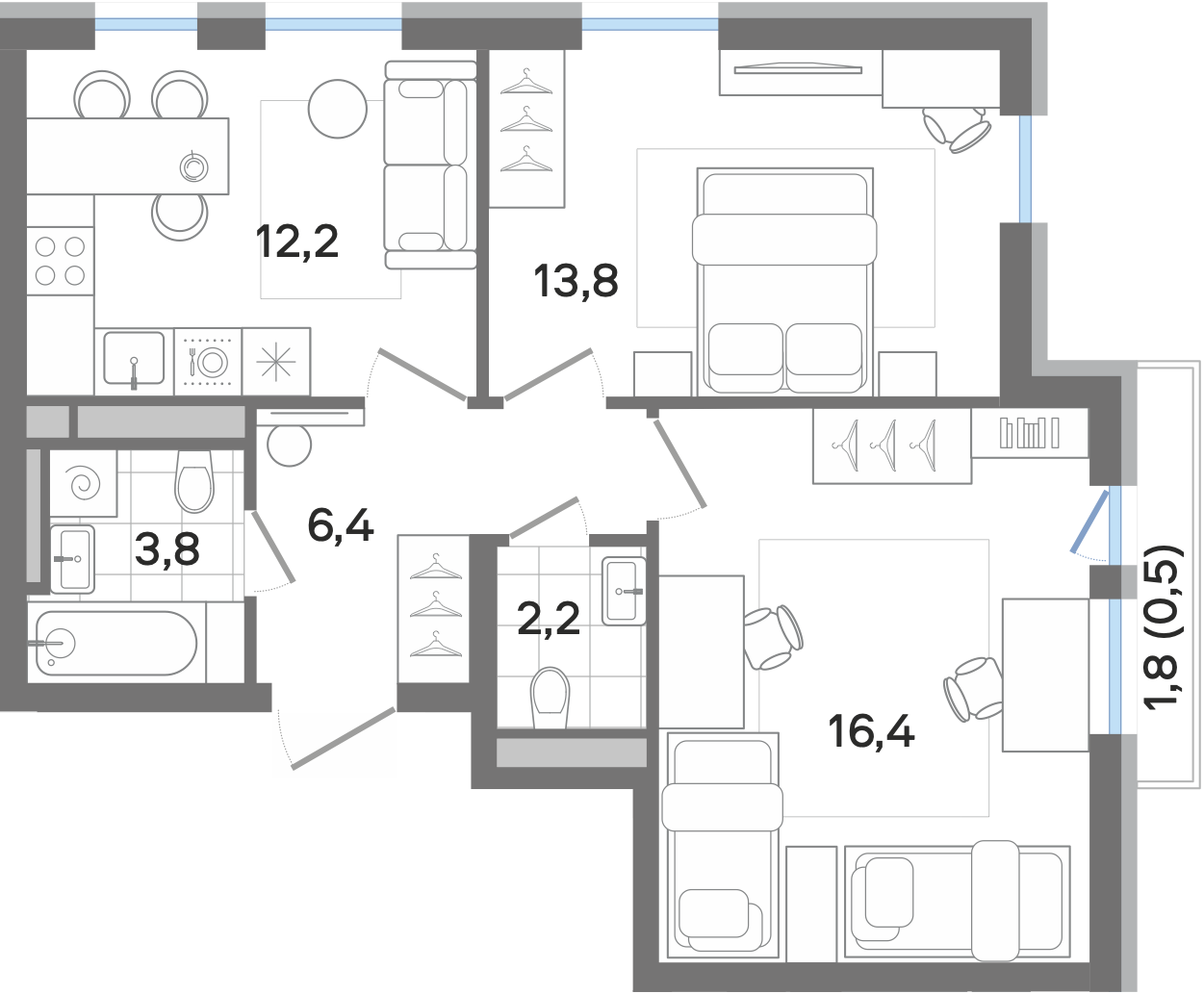 2-комнатная 55 м2 в ЖК G3 Театральный корпус null этаж 3
