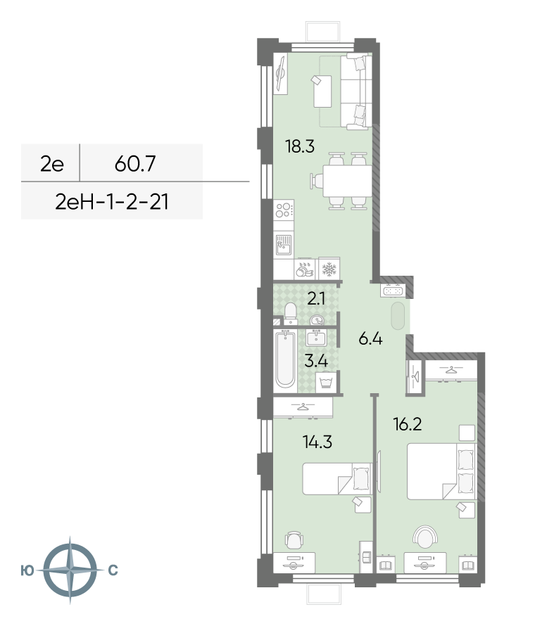 2-комнатная 60 м2 в ЖК ЛУЧИ корпус null этаж 7