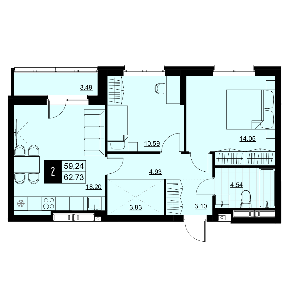 2-комнатная 60 м2 в ЖК Макрорайон Амград корпус null этаж 14