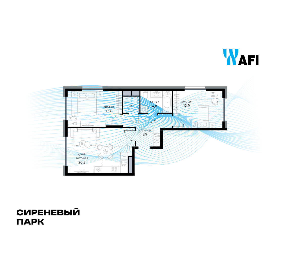 3-комнатная 61 м2 в ЖК Сиреневый парк корпус null этаж 7