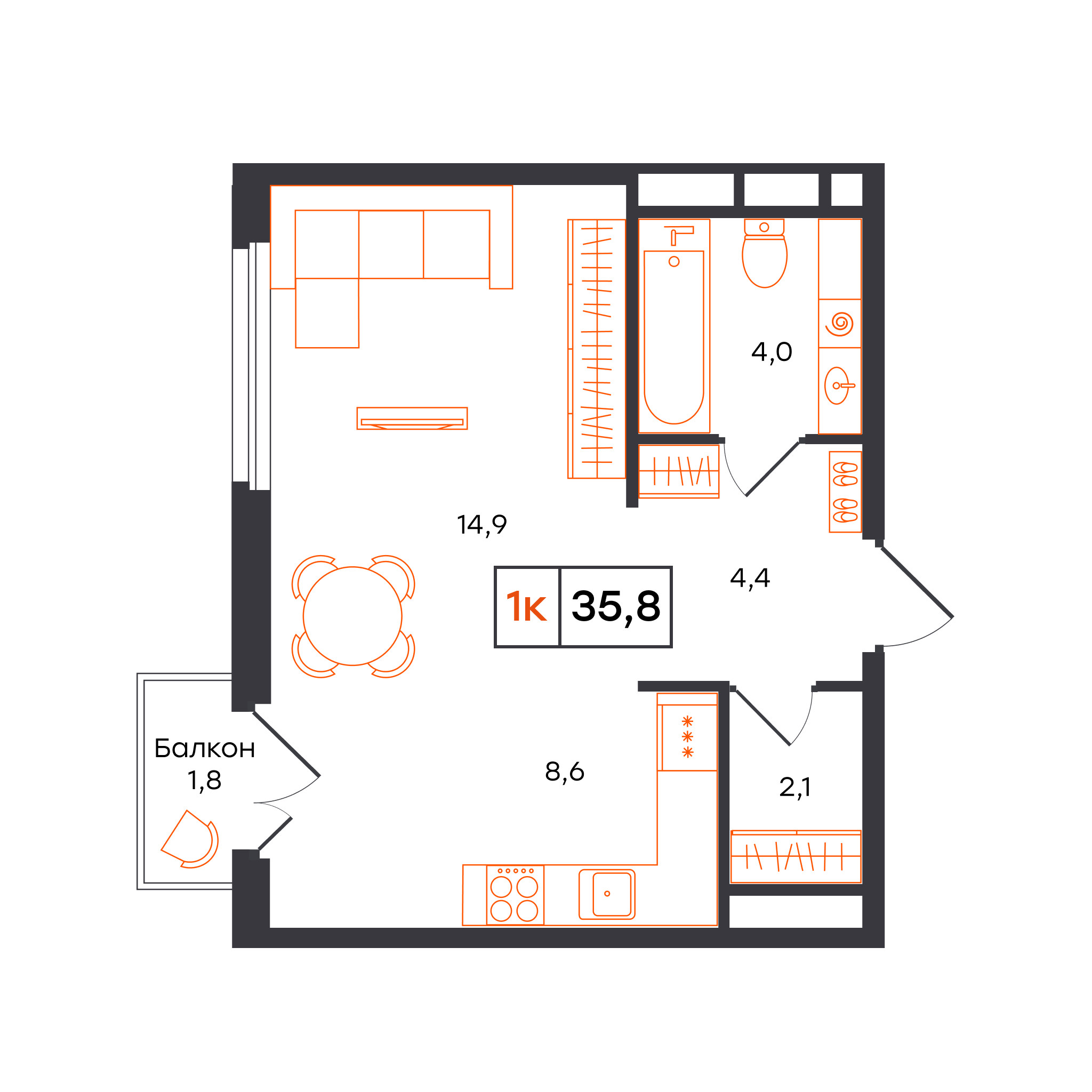 1-комнатная 35 м2 в ЖК Отличие корпус null этаж 3