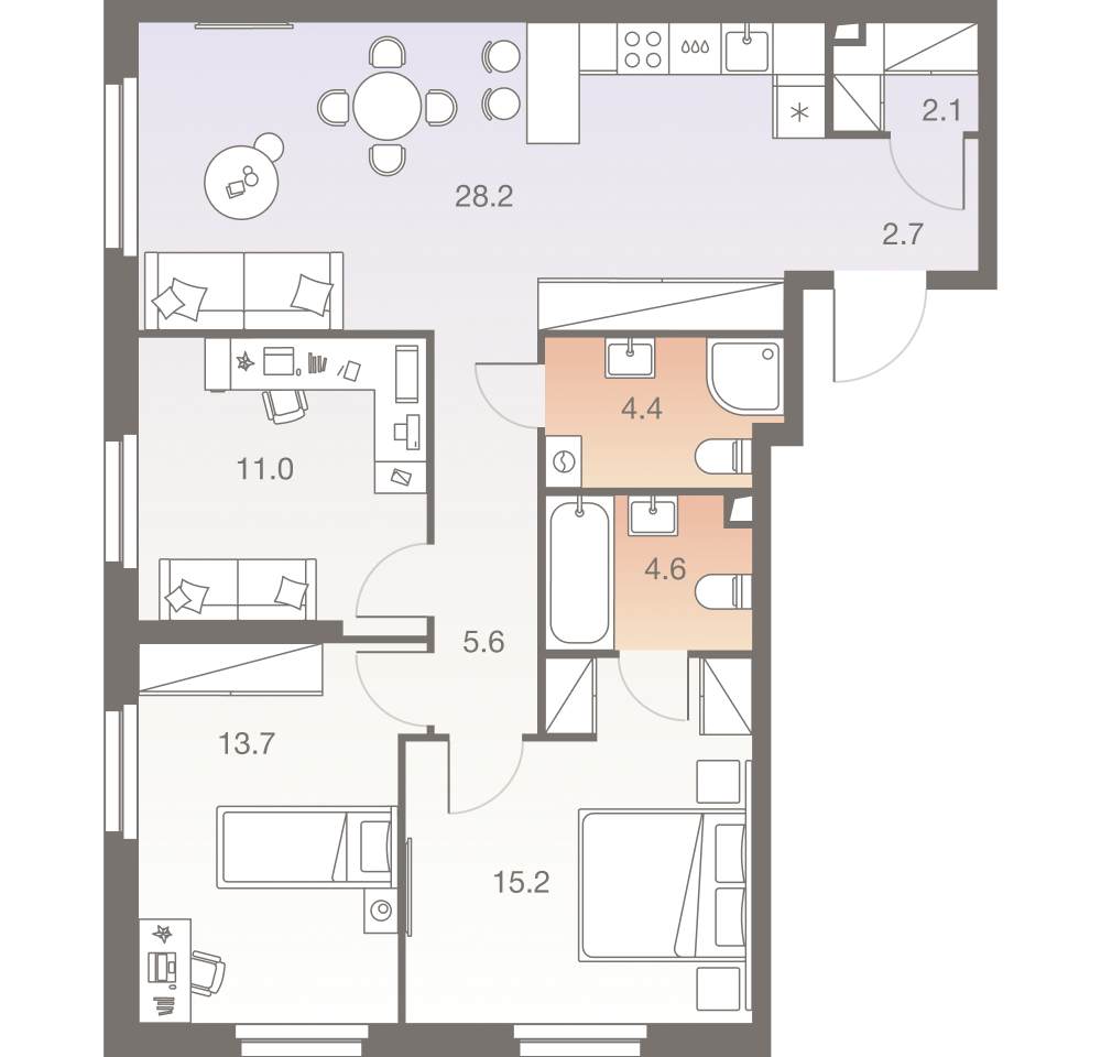 4-комнатная 86 м2 в ЖК Твелв корпус null этаж 22