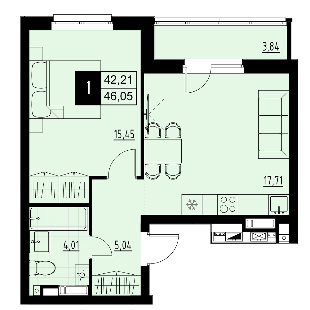 1-комнатная 44 м2 в ЖК Макрорайон Амград корпус null этаж 8