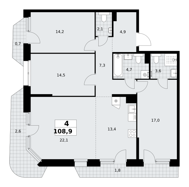 4-комнатная 108 м2 в ЖК Прокшино корпус null этаж 6