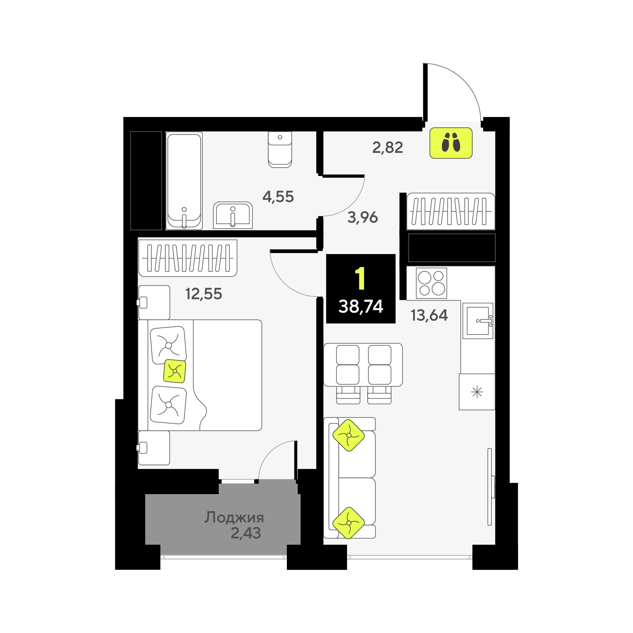 1-комнатная 38 м2 в ЖК Мотивы корпус null этаж 2