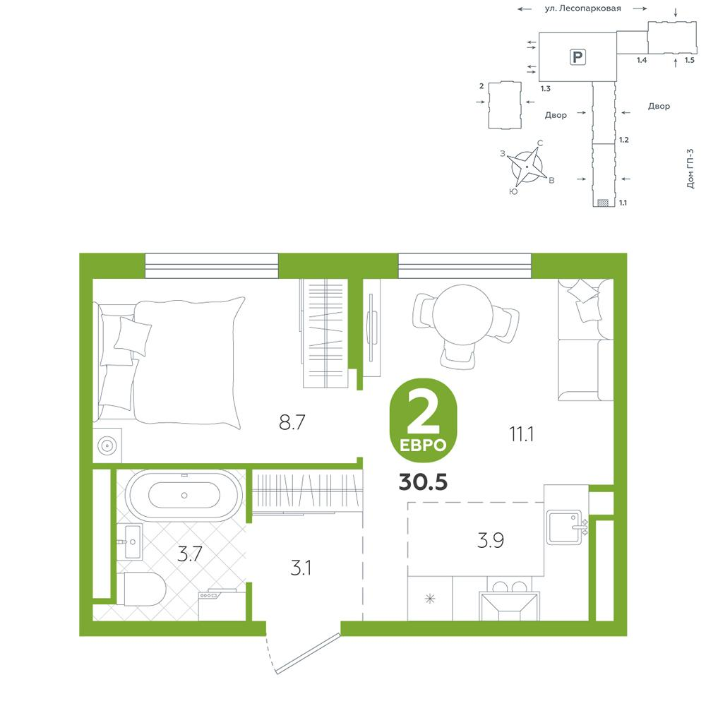 1-комнатная 30 м2 в ЖК Чистые пруды корпус null этаж 5