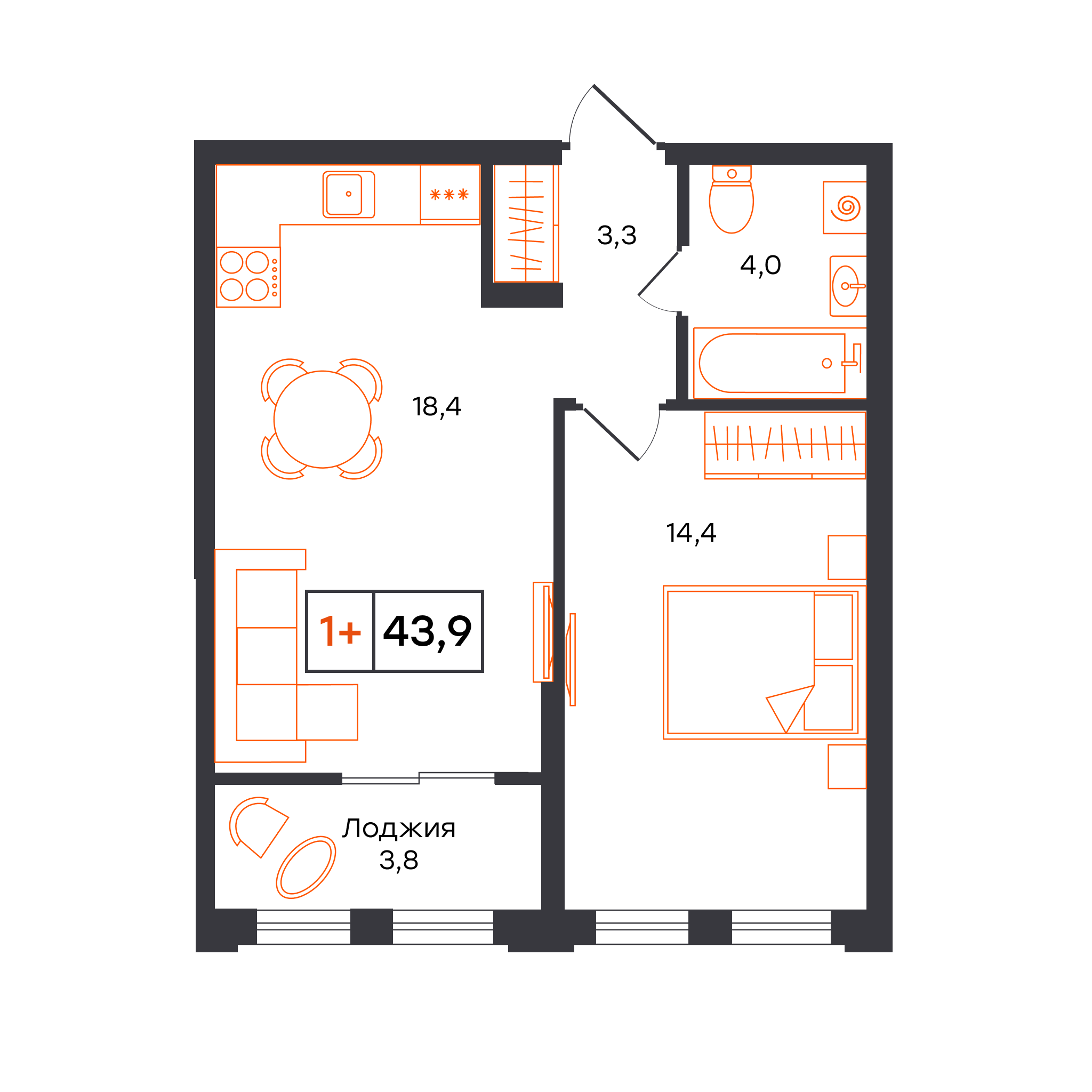 1-комнатная 43 м2 в ЖК УНО. Умный квартал корпус null этаж 3