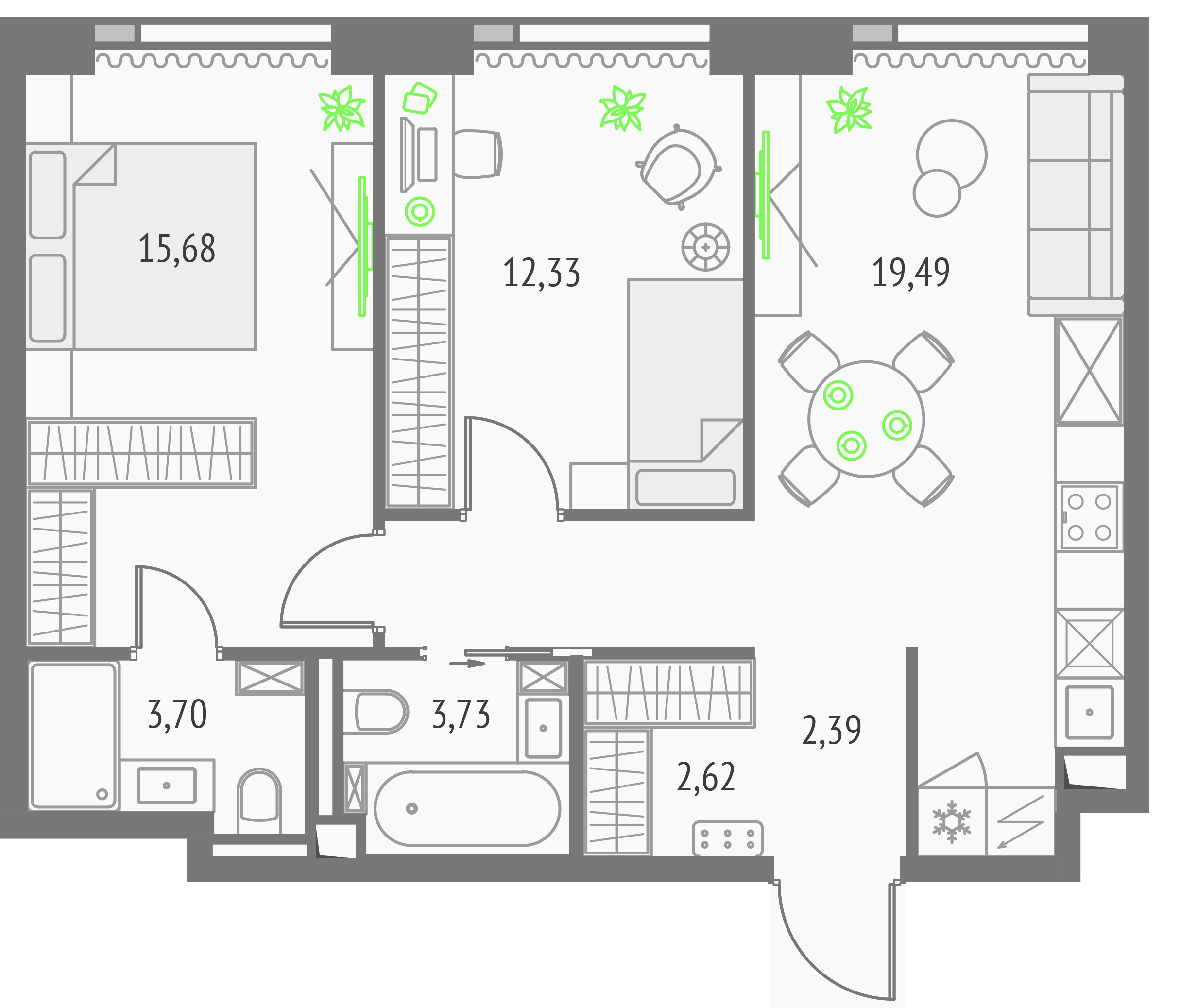 2-комнатная 63 м2 в ЖК Upside Towers корпус null этаж 14