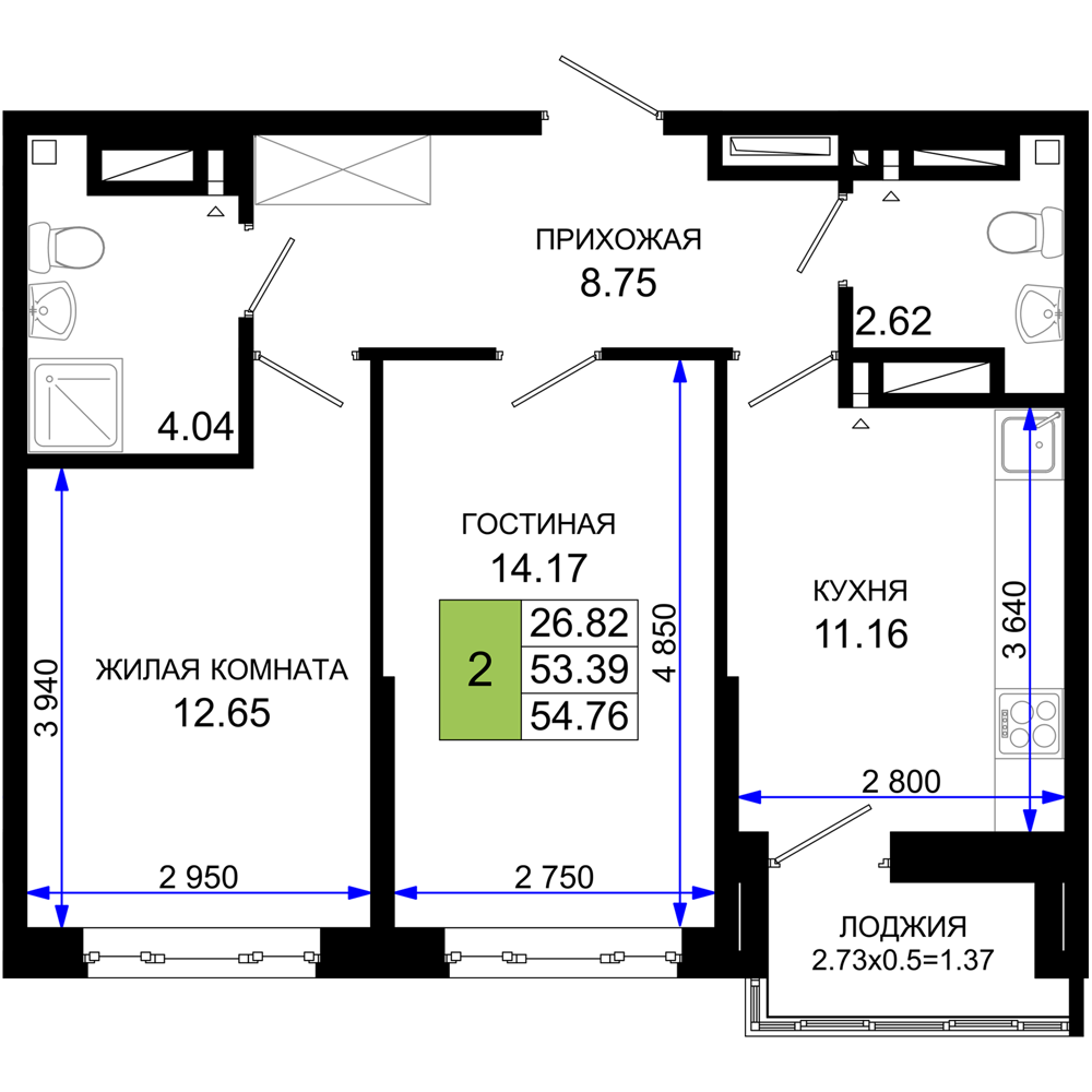 2-комнатная 54 м2 в ЖК Октябрь парк корпус null этаж 3