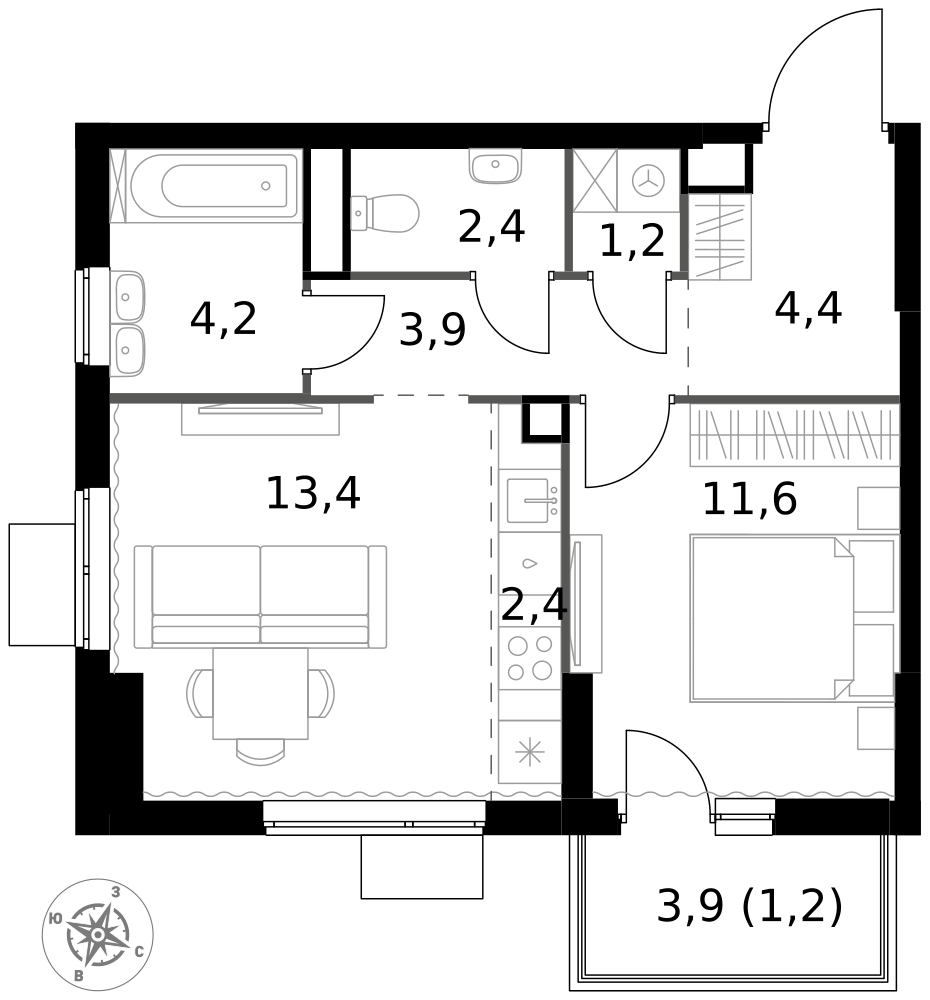 2-комнатная 44 м2 в ЖК 1-й Измайловский корпус null этаж 3
