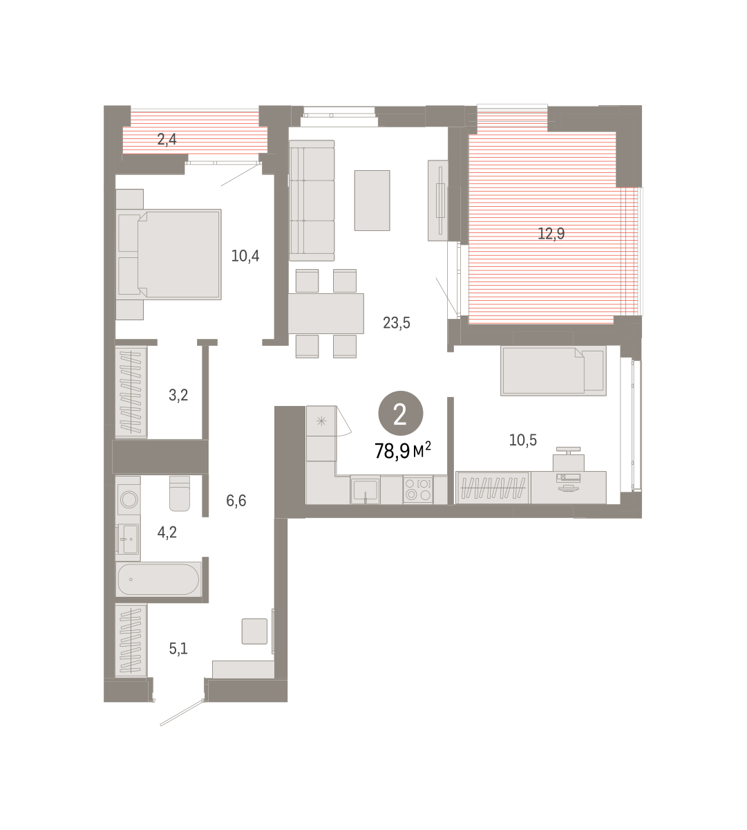 2-комнатная 78 м2 в ЖК Республики 205 корпус null этаж 15