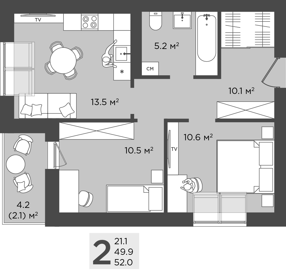 2-комнатная 52 м2 в ЖК Пальмбург корпус null этаж 4
