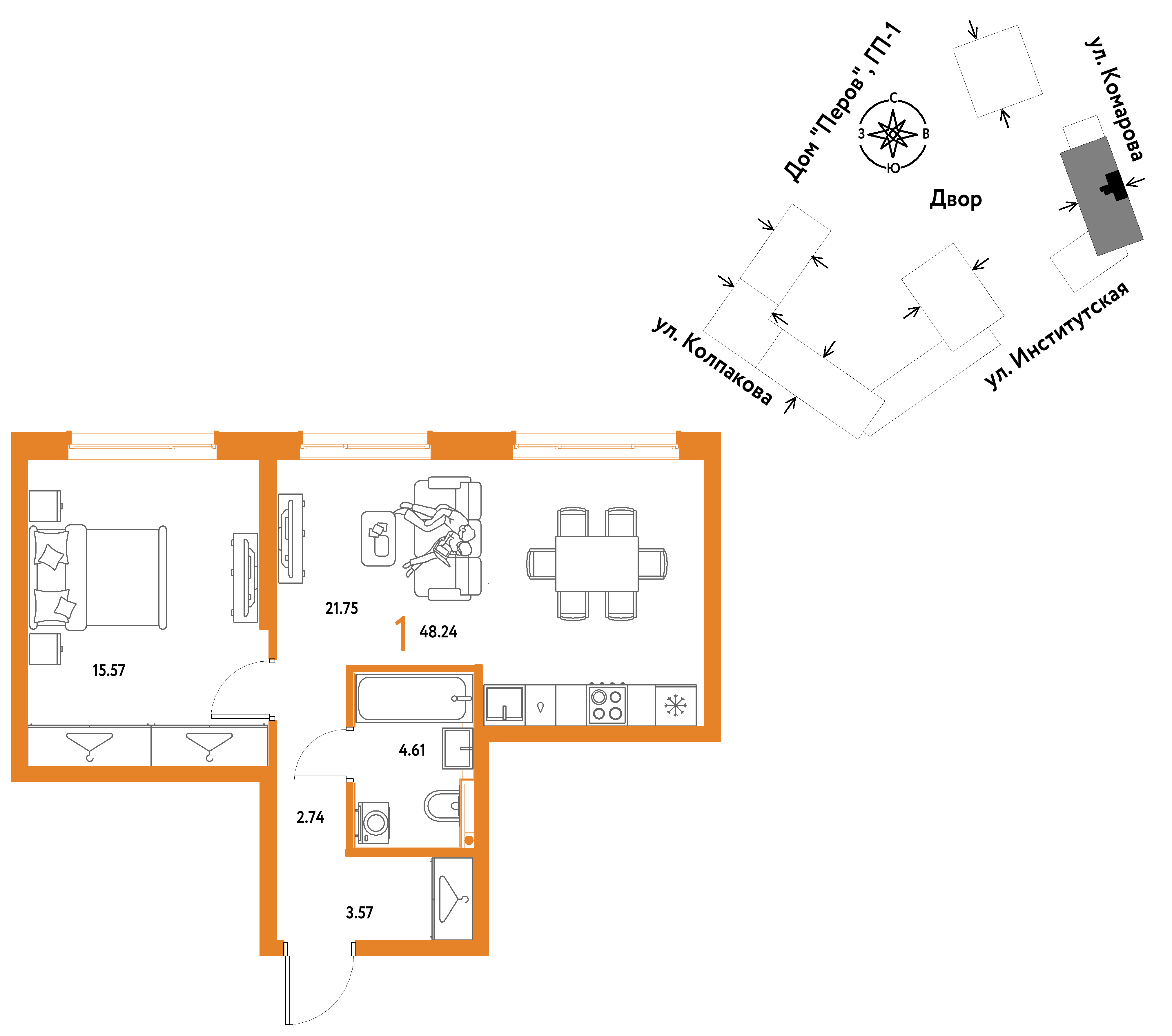 1-комнатная 48 м2 в ЖК Страна.Парковая корпус null этаж 6
