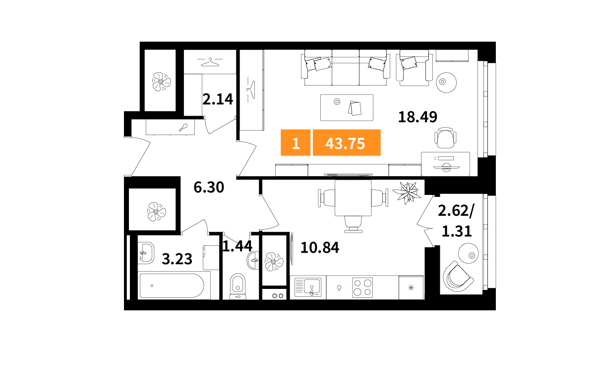 1-комнатная 43 м2 в ЖК Планерный квартал корпус null этаж 13