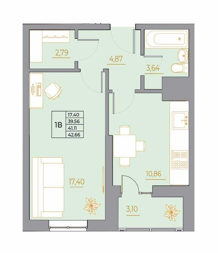 1-комнатная 42 м2 в ЖК Новый Горизонт корпус null этаж 3