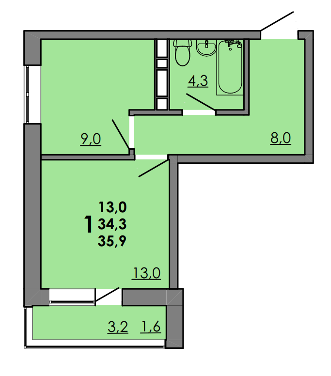 1-комнатная 35 м2 в ЖК GraY 2 корпус null этаж 12