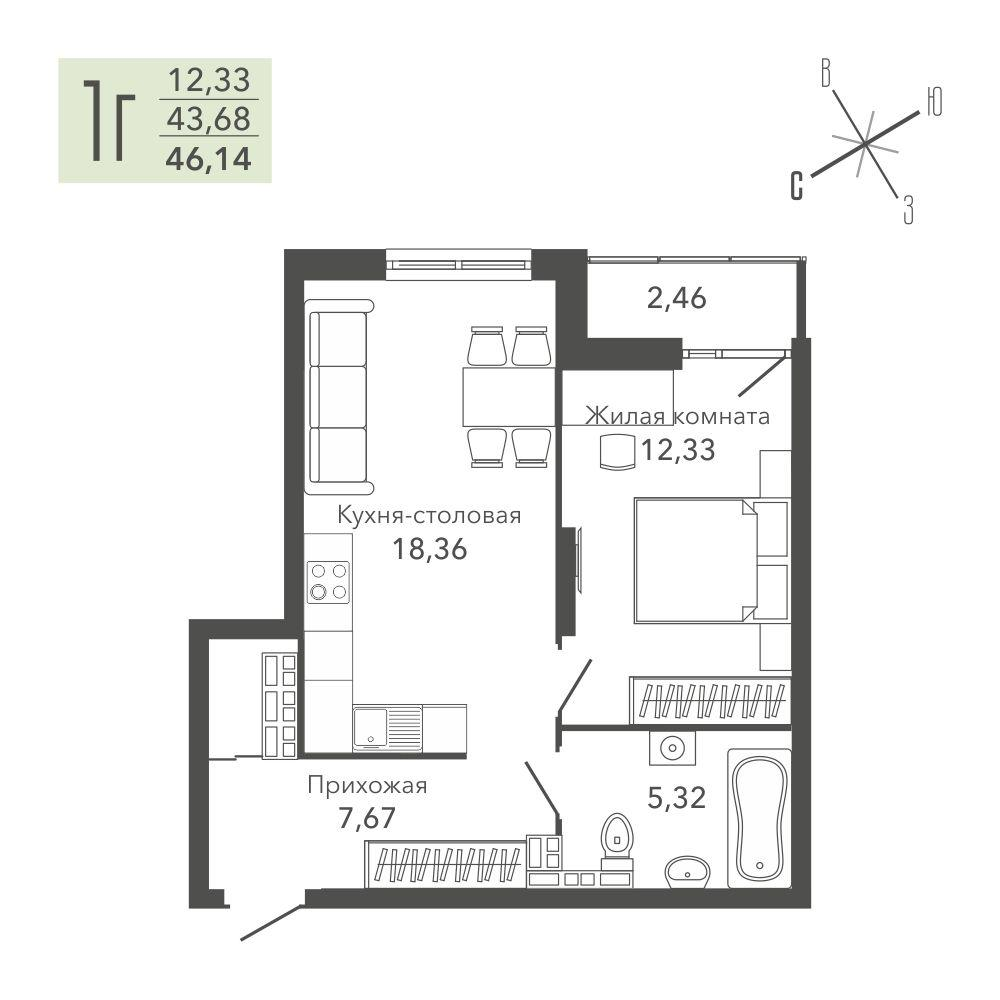 1-комнатная 45 м2 в ЖК Жилая среда «Шишкин» корпус null этаж 11