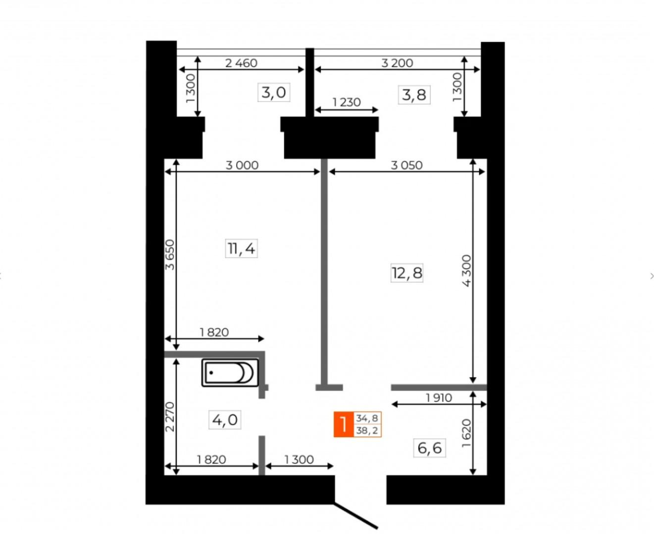 1-комнатная 38.3 м2 в ЖК undefined корпус null этаж 6