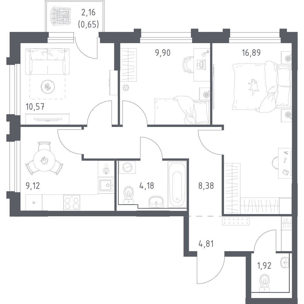 3-комнатная 66 м2 в ЖК Рябиновая Роща корпус null этаж 12