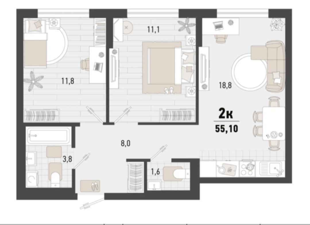 2-комнатная 55.1 м2 в ЖК undefined корпус null этаж 1
