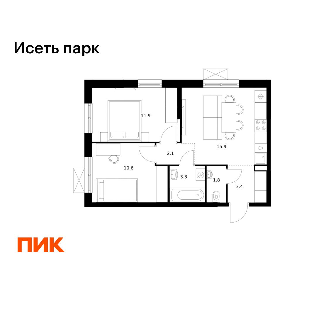 2-комнатная 49 м2 в ЖК Исеть парк корпус null этаж 11