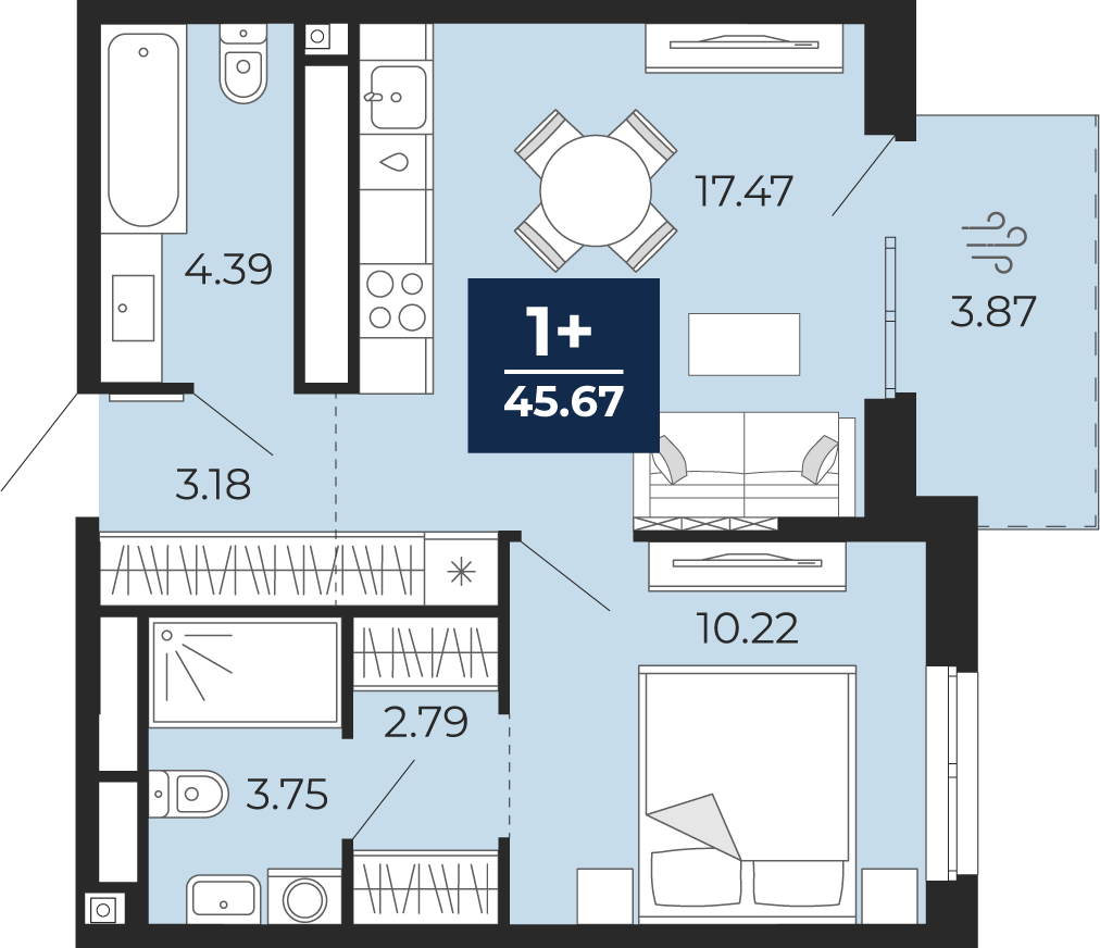 1-комнатная 41 м2 в ЖК Мириады корпус null этаж 14