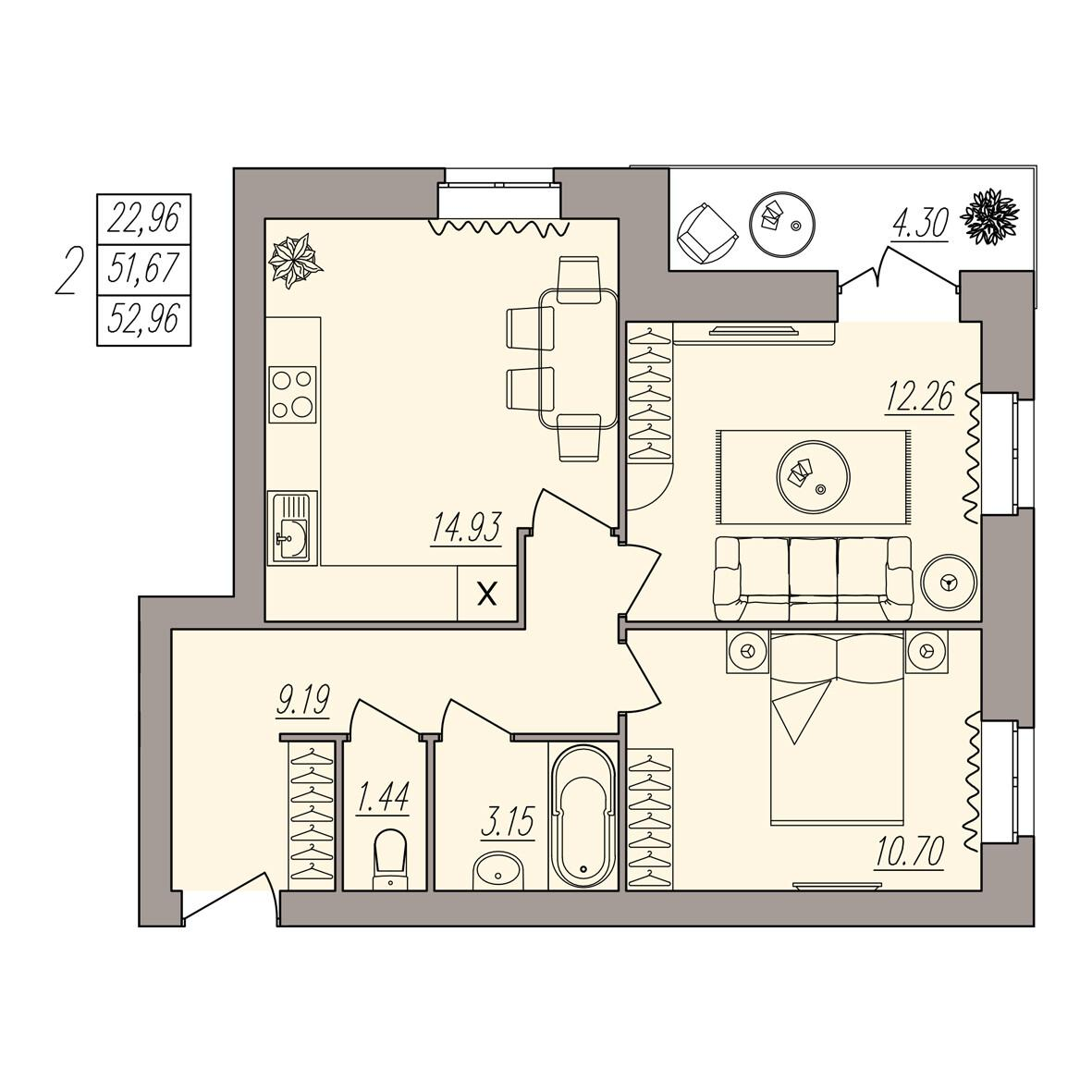 2-комнатная 52 м2 в ЖК Герои поколений корпус null этаж 1