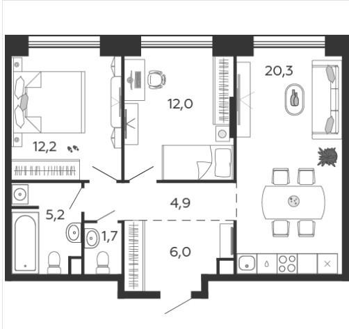 2-комнатная 62.3 м2 в ЖК undefined корпус null этаж 8