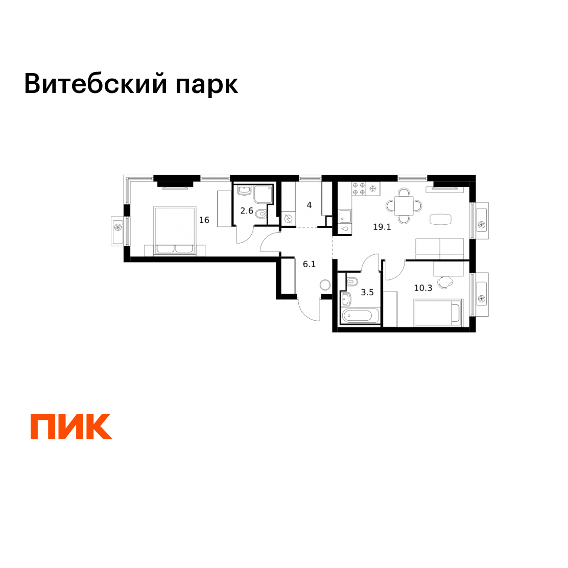 2-комнатная 61 м2 в ЖК Витебский парк корпус null этаж 12