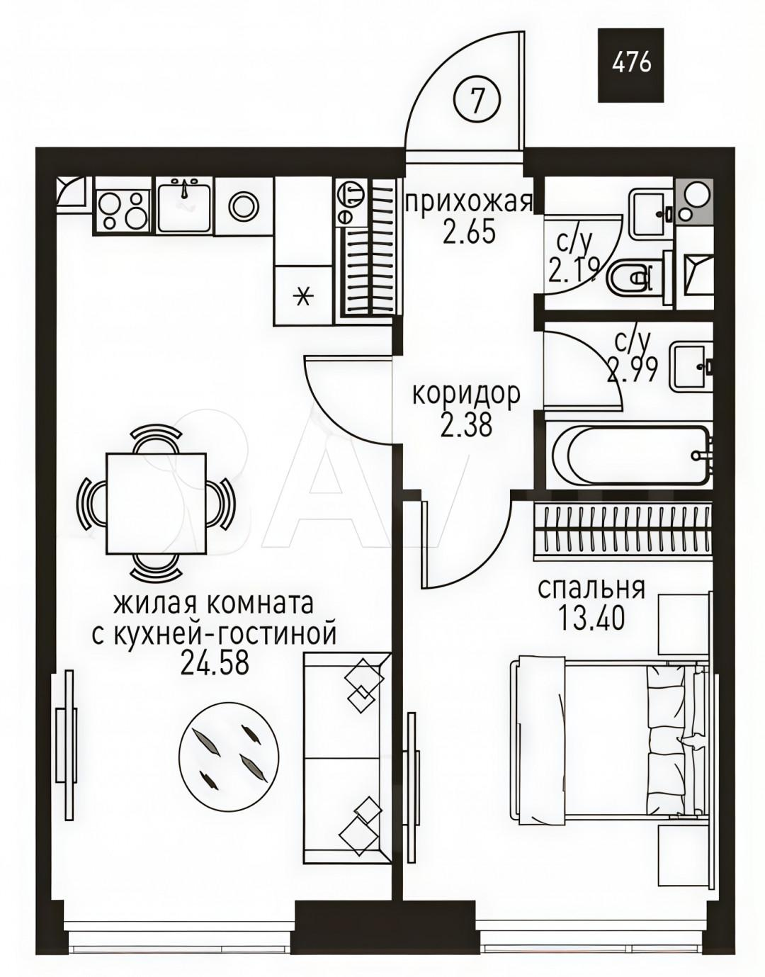 2-комнатная 47 м2 в ЖК undefined корпус null этаж 3